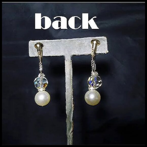 Formal Clip On Dangle Earrings UNIQUE Design Double Dangles Faux Pearl & Crystal - Picture 7 of 12